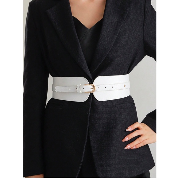 PU Wide White Belt Gold Tone Buckle - Picture 5 of 5